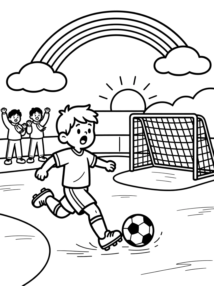 [Sports] a young soccer player kicking the ball toward the goal on an ice rink, gasping in amazement, while teammates cheer from the sidelines fills the surrounding area. A goal or hoop stands ready in the frame. Set in the late afternoon, with a rainbow arching overhead, the page bursts with adventure and imagination.