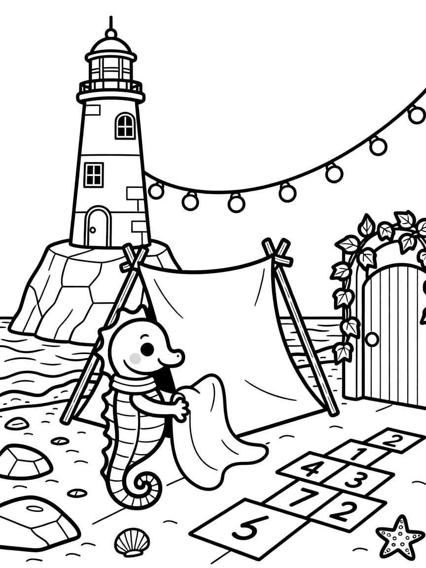 A curious seahorse is building a blanket fort strung with fairy lights beside a lighthouse on a rocky coast. Scattered nearby, a hopscotch grid chalked onto the pavement and a garden gate covered in climbing ivy bring the scene to life.