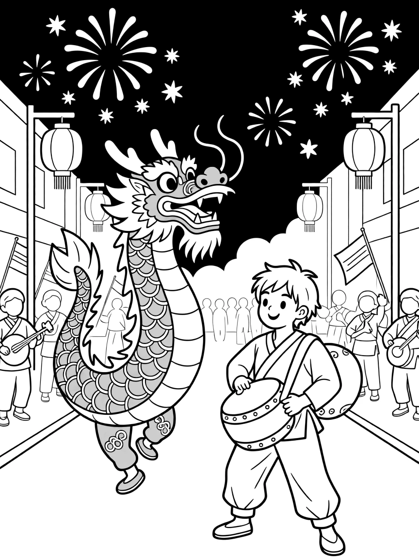 A close-up of a dancing red-and-gold dragon puppet in a lively parade winding through a decorated street, surrounded by fireworks blooming in the night sky and a drummer leading a small procession.