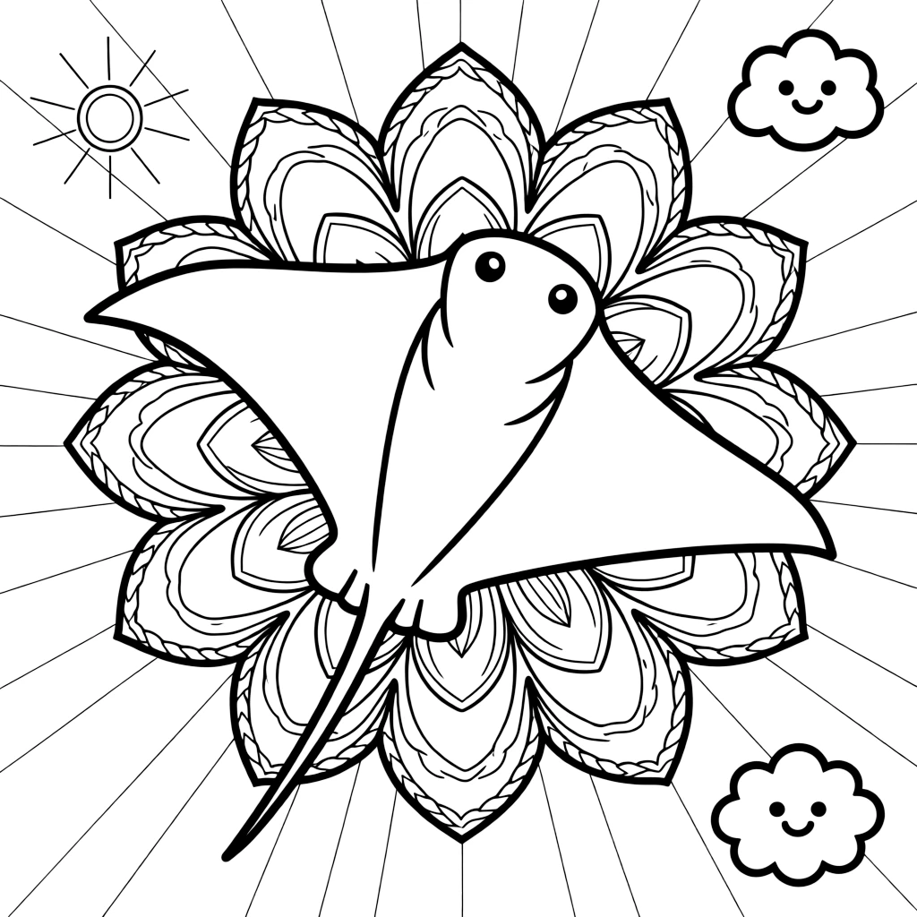Ocean Creatures: The main subject is a stingray gliding with its wide flat wings, drawn as the focal point of a blooming flower-shaped mandala with layered petal rings. It is placed dead center, with the surrounding rings mirrored perfectly across every direction. Decorative details fill the surrounding space, including rows of scalloped fan shapes, bands of braided rope shapes, and rays fanning out like a small sunburst woven throughout the background. A playful extra touch completes the page: a small round cloud with a friendly face tucked into a corner.