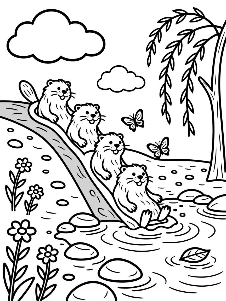[River Adventures] A group of otters slide playfully down a muddy riverbank into the sparkling water below. Butterflies flutter along the bank where wildflowers grow between smooth river stones. Willow trees dip their branches into the water beside a sandy bank scattered with pebbles. A gentle current carries fallen leaves downstream beneath a sky full of drifting clouds.
