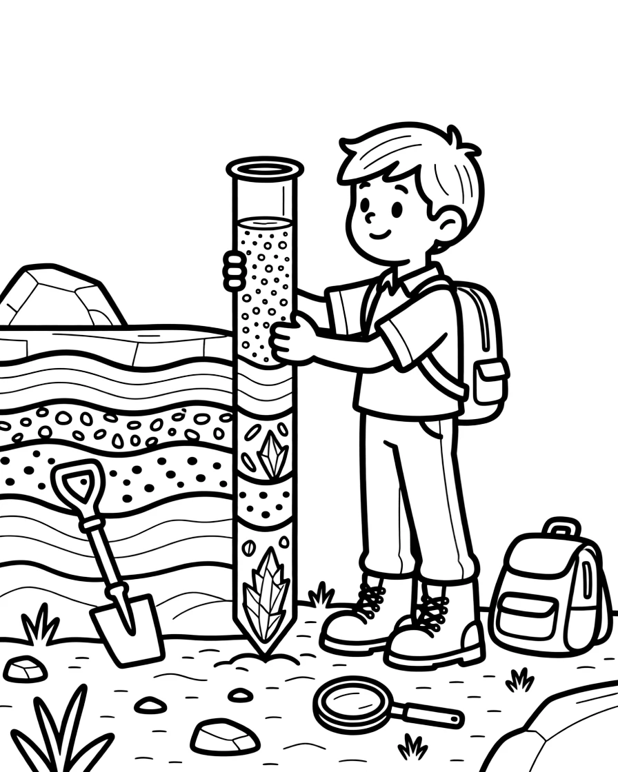 A fossil fuel geologist studies rock layers through a core sample tube.