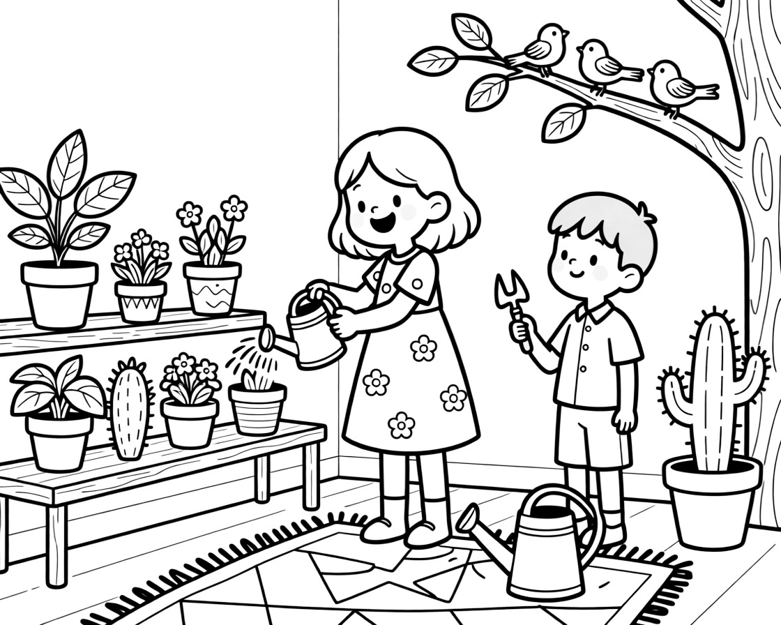 A cheerful girl watering houseplants with a stepbrother as birds chirp in a nearby tree.