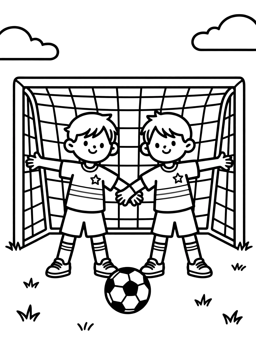 A pair of best friends, blocking a powerful shot as goalkeeper, arms and legs spread wide across the goal.