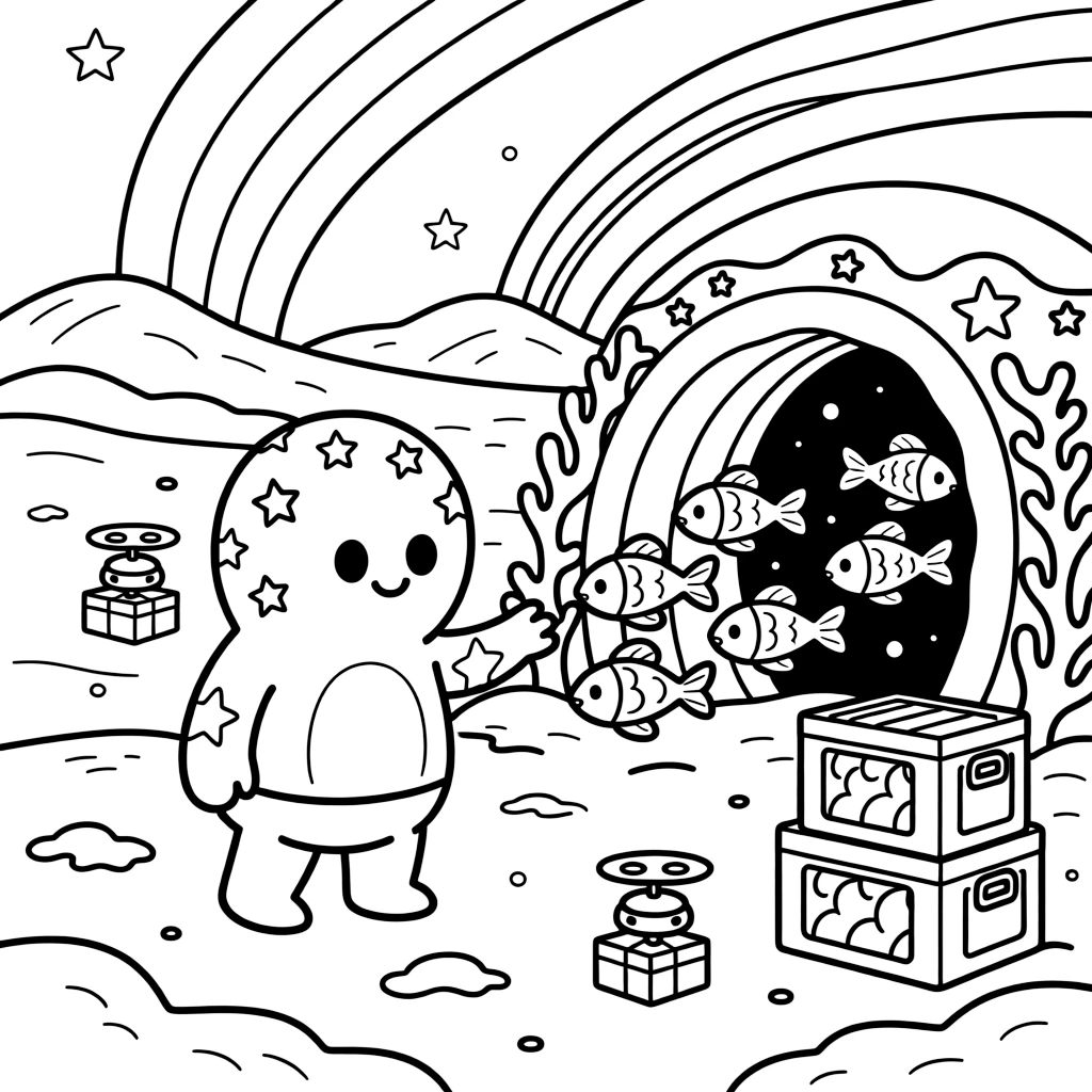 Grumbo, a gentle alien creature covered in star-shaped spots guiding a school of glowing space fish through a coral tunnel, in a snow-covered tundra planet with auroras dancing overhead, with a stack of colorful supply crates and tiny drones buzzing around delivering packages nearby.