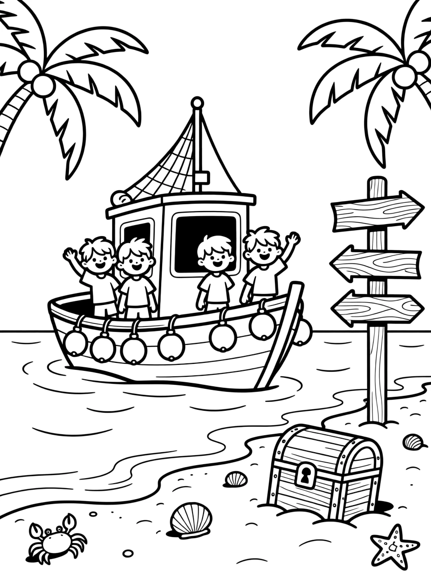 In this scene, a bobbing fishing boat with nets and colorful buoys is the star of a hidden pirate cove with a sandy beach and palm trees, joined by a group of cheerful kids waving from the windows, with an old wooden signpost pointing to faraway towns and a treasure chest half-buried in the sand scattered throughout for kids to color.