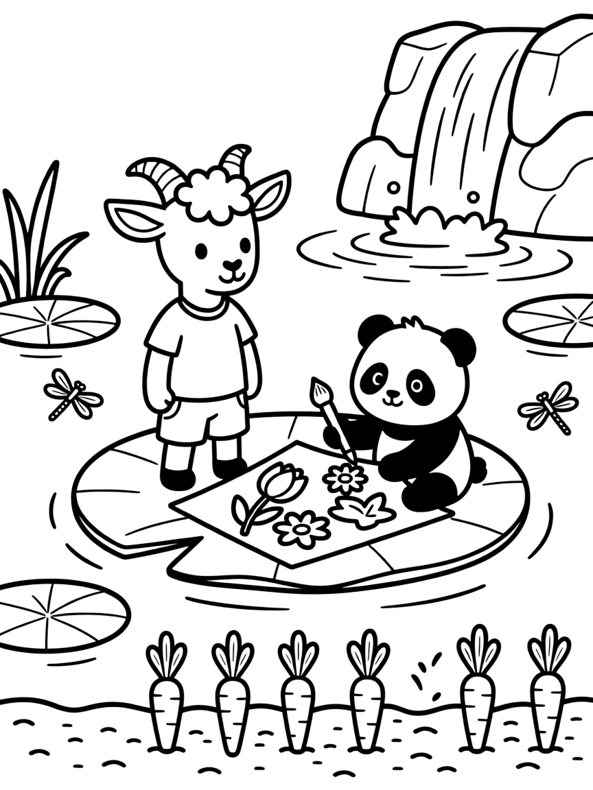 A goat kid on a lily pad in a quiet pond, painting flowers with a panda cub, next to a row of carrots, as a gentle waterfall splashes in the background.