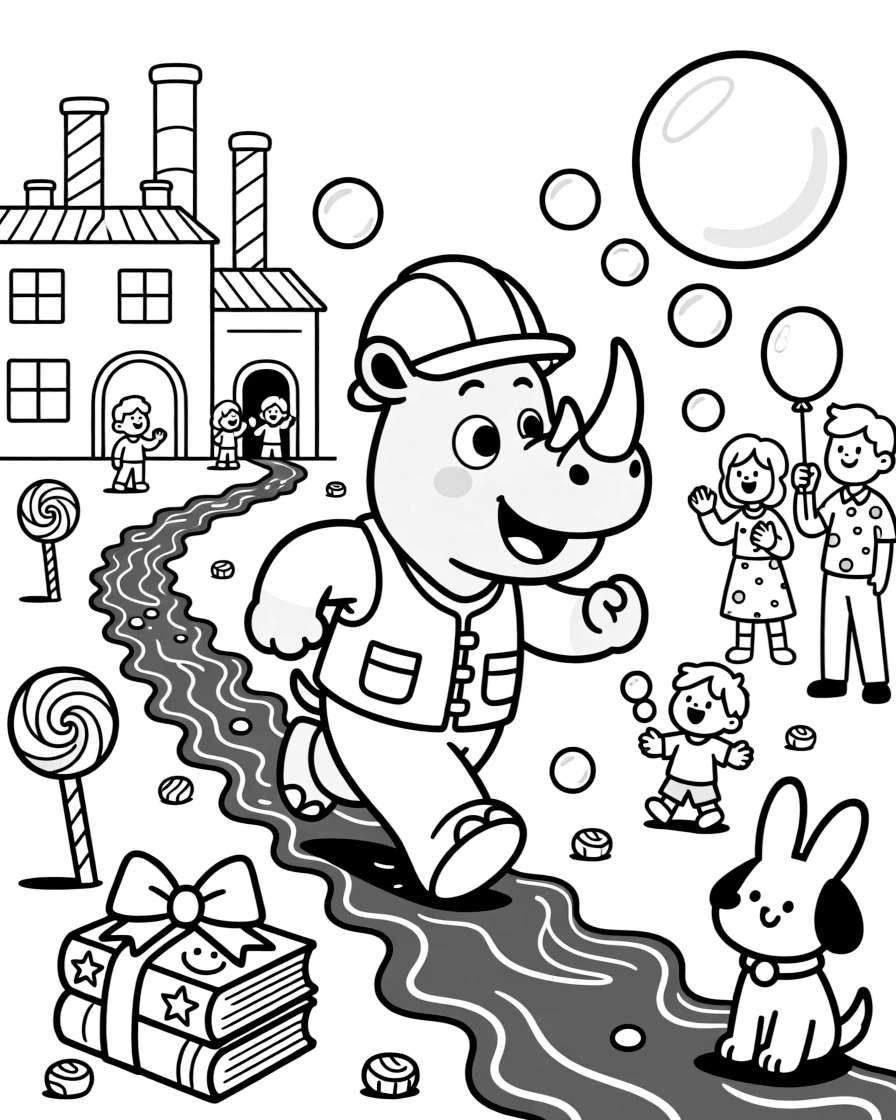 Shy and full of excitement, a rhino construction worker spends the day chasing a trail of giant soap bubbles inside a candy factory with rivers of chocolate. Nearby, a stack of picture books tied with ribbon adds to the fun. The whole neighborhood has come out to join the fun.