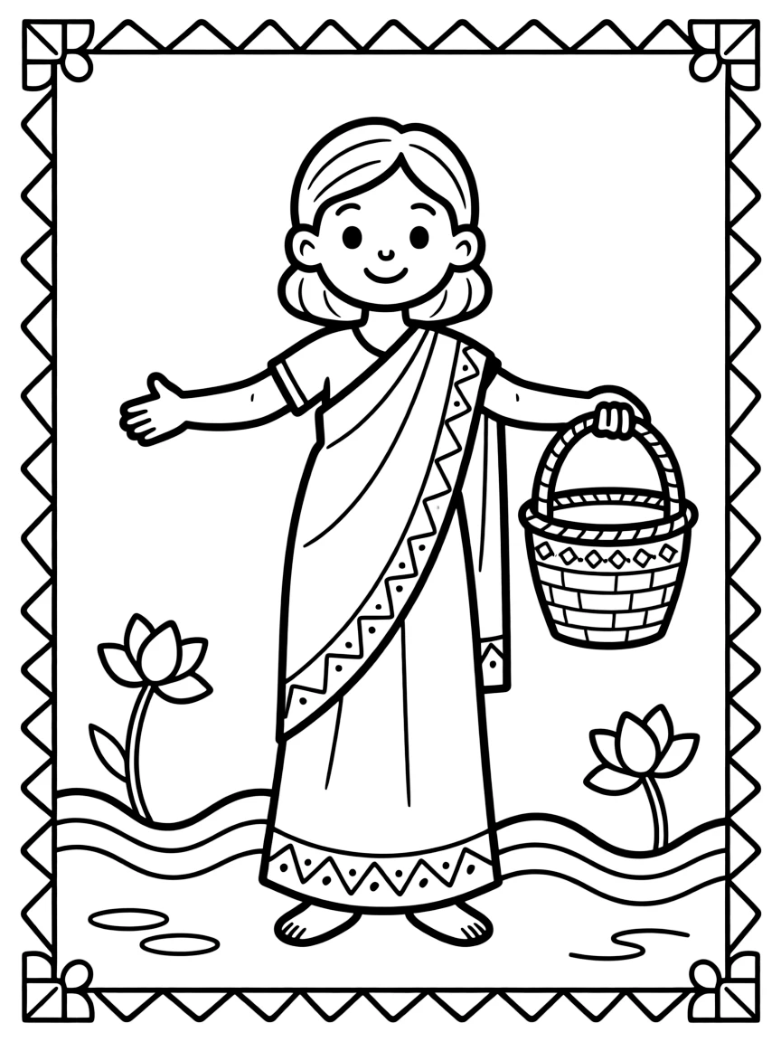 A coloring page portrait celebrating Sri Lanka, showing a child wearing a bright sari or sarong with a woven basket, standing proudly with arms outstretched and a warm smile, surrounded by simple decorative patterns.