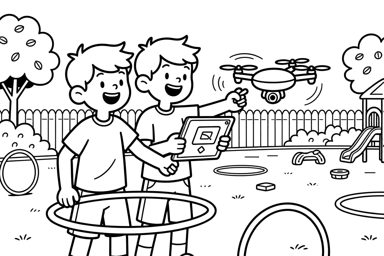 adventurous twin brothers guide a small drone through hoops in the schoolyard using a tablet.