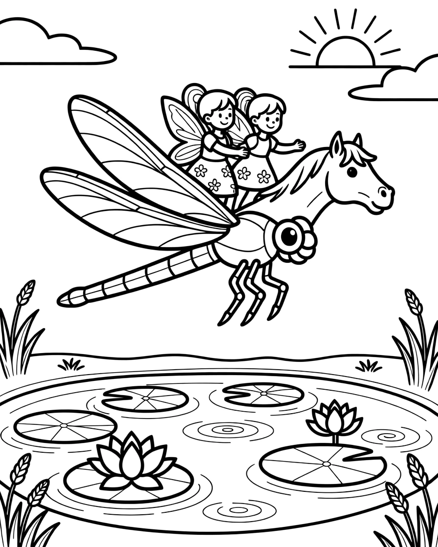 A crystal-winged dragonfly the size of a horse carries two fairy riders across a lily-covered pond at dawn.