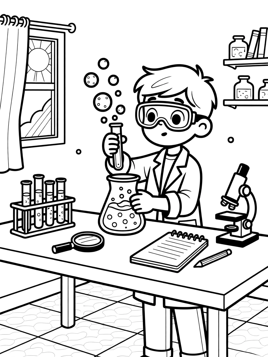 [Science Experiments] a young scientist mixing bubbling liquids watching colorful bubbles fizz over the top in a home science lab, wide-eyed with wonder, while safety goggles rest nearby fills the surrounding area. Simple lab tools fill the tabletop. Set at high noon, with dust kicked up by the wind, the page bursts with adventure and imagination.