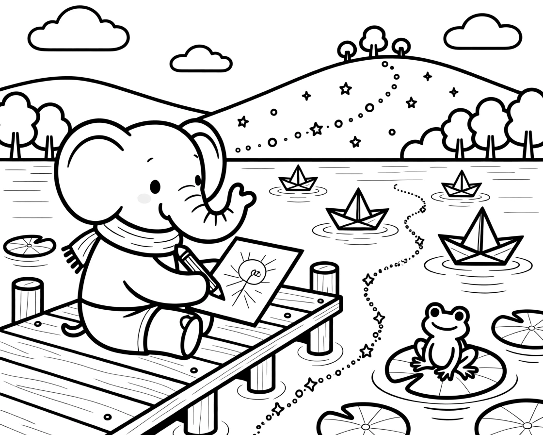 A baby elephant with big flapping ears is sketching the view from a hilltop on a riverside dock with paper boats floating by. Scattered nearby, a trail of glittering fairy dust and a friendly frog perched on a lily pad make the setting feel extra special.