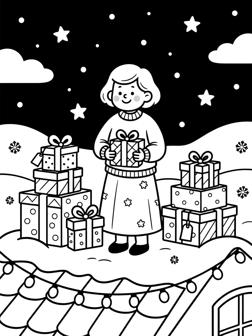 A wide view on a snowy rooftop under a starry night sky, featuring handmade gifts wrapped in colorful cloth, a cheerful grandmother, and a stack of wrapped gifts, with a string of twinkling lights nearby.