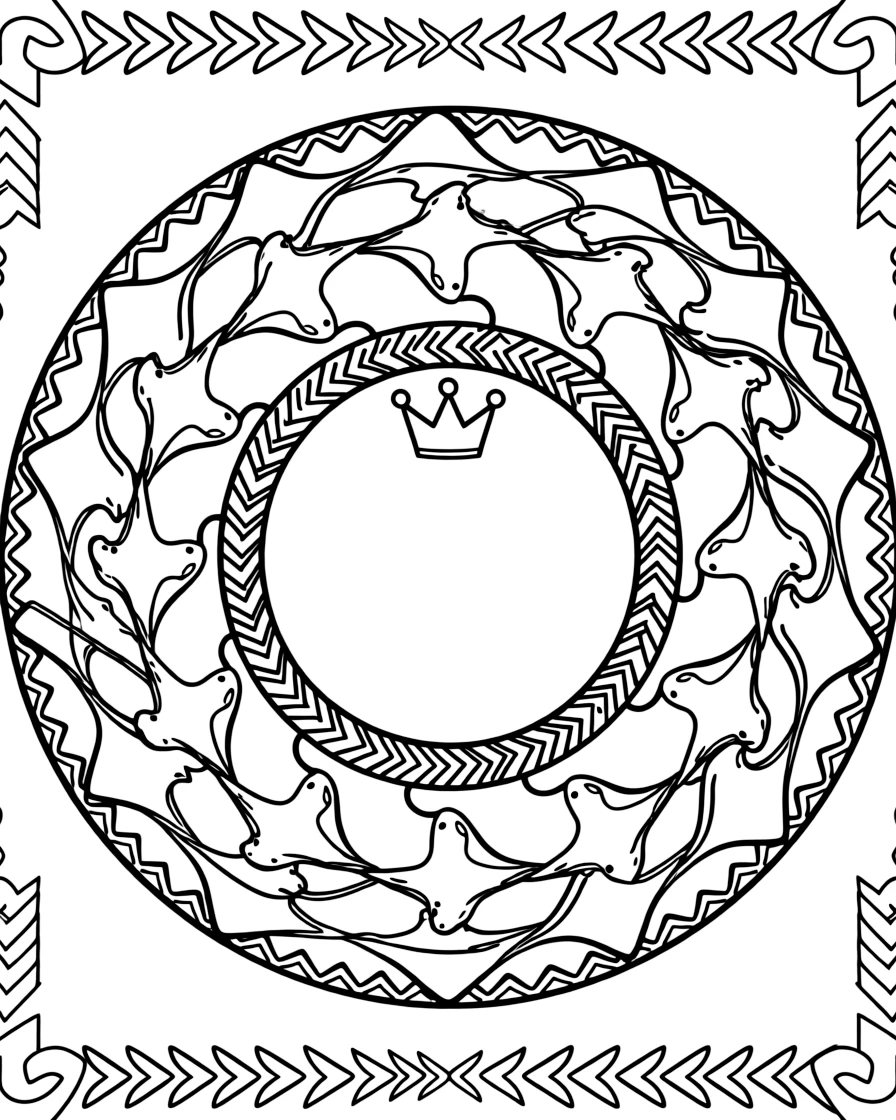 Ocean Creatures: The page centers on a repeating motif of a stingray gliding with its wide flat wings, built around a spiral mandala that winds gently from center to edge. The motif is shown marching in a repeating row all the way around the border of the page, framing an open medallion left blank in the center. Decorative details fill the surrounding space, including ribbons folded into gentle zigzags, rows of arrow-shaped chevrons, and a repeating chain of small diamonds woven throughout the background. A playful extra touch completes the page: a small crown resting just above the center of the design.