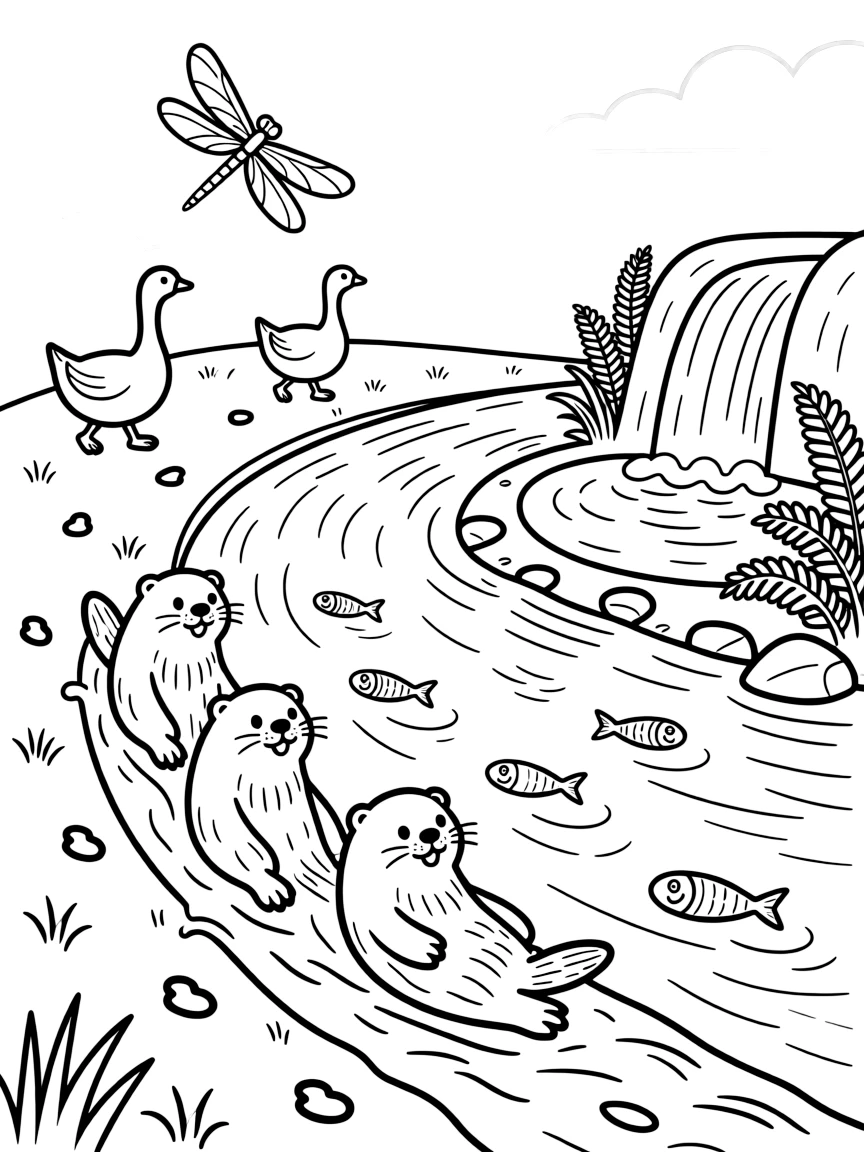 [River Adventures] A group of otters slide playfully down a muddy riverbank into the sparkling water below. A family of geese waddles along the shore while minnows dart through the shallow water. The river winds past a small waterfall tumbling into a clear pool ringed with ferns. Golden afternoon light glows on the water as dragonflies dance above the surface.