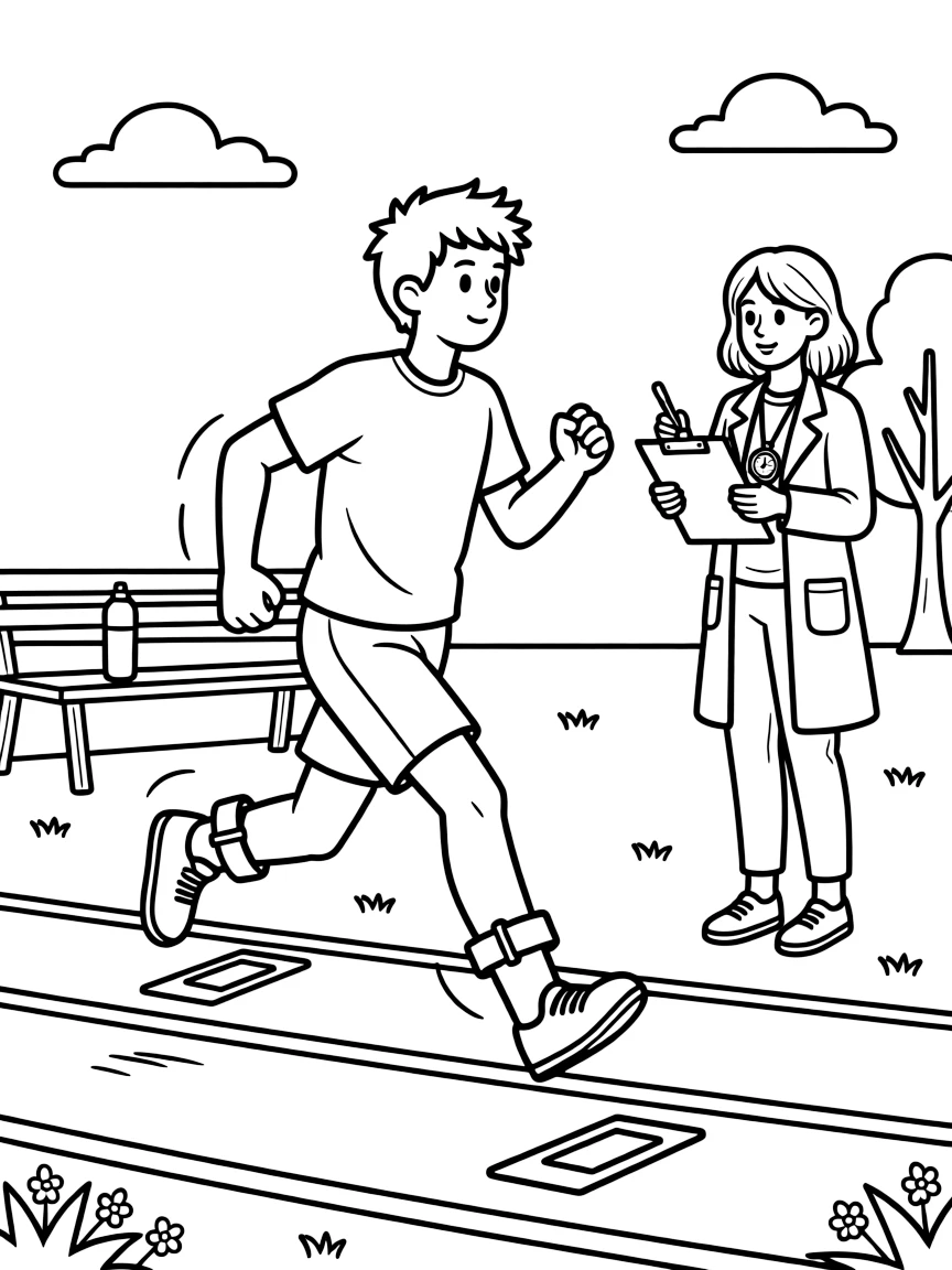 A biomechanics researcher studies an athlete's running stride using motion sensors.