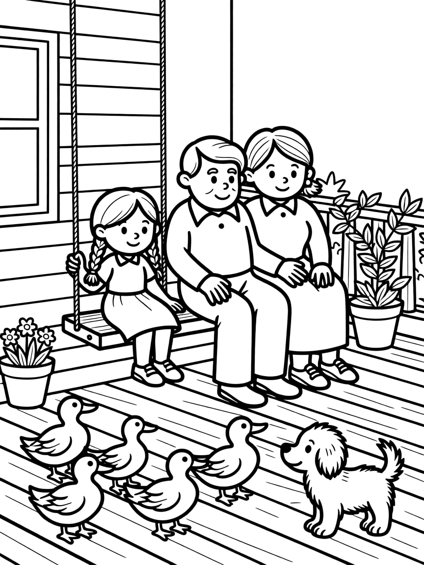 A girl with braids feeding ducks with both grandparents on a porch swing as a curious puppy watches.