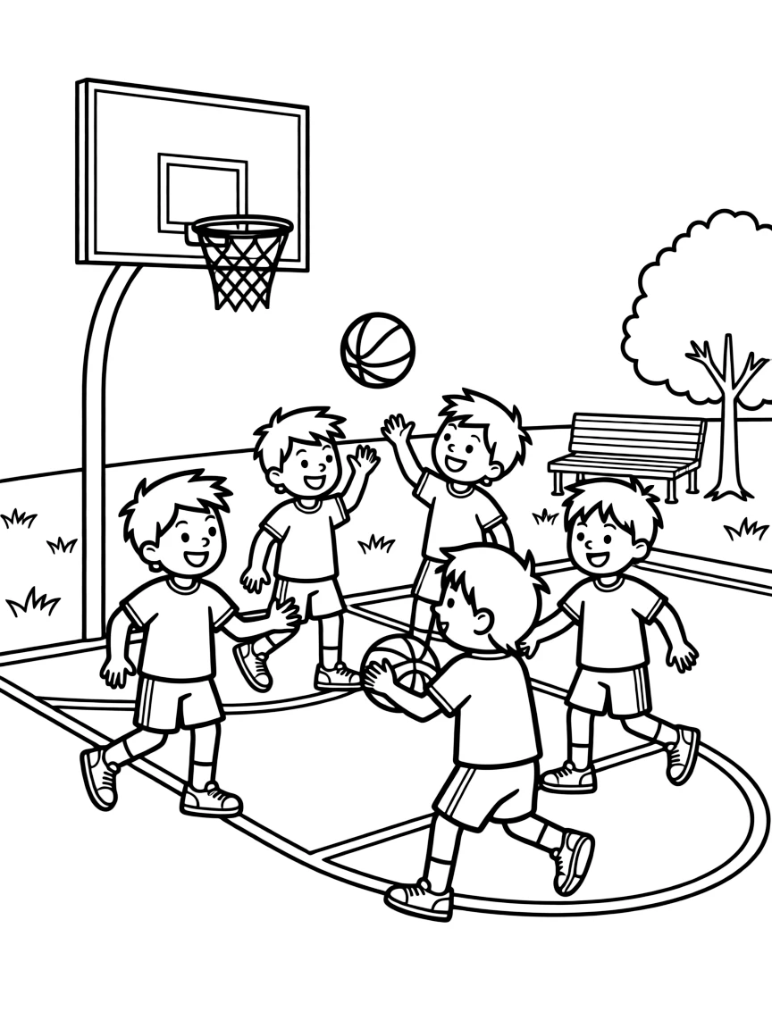 A team of neighborhood kids, passing the ball quickly between teammates on a fast break toward the goal.