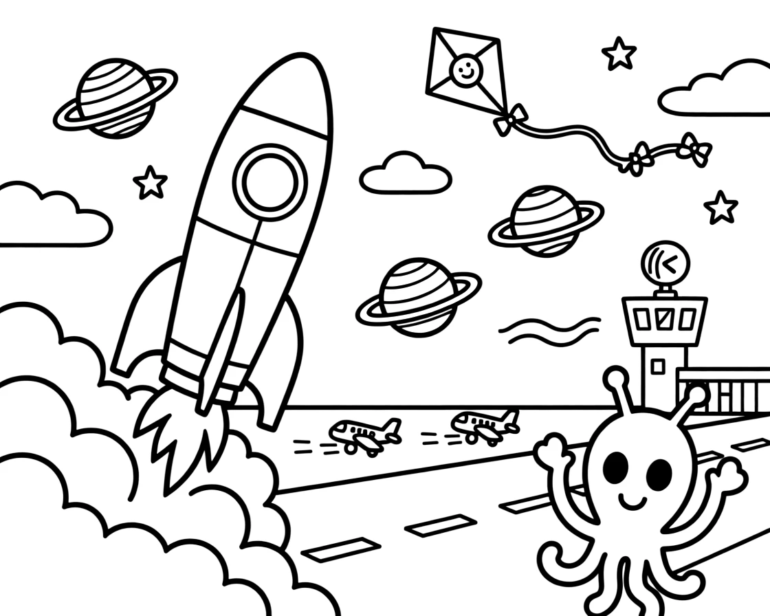 This page centers on a towering rocket ship blasting off in a cloud of fire exploring a busy airport runway with a control tower in the distance, featuring a friendly alien waving three tentacle-arms and little extras like planets with colorful rings floating nearby and a kite dancing in the breeze above.