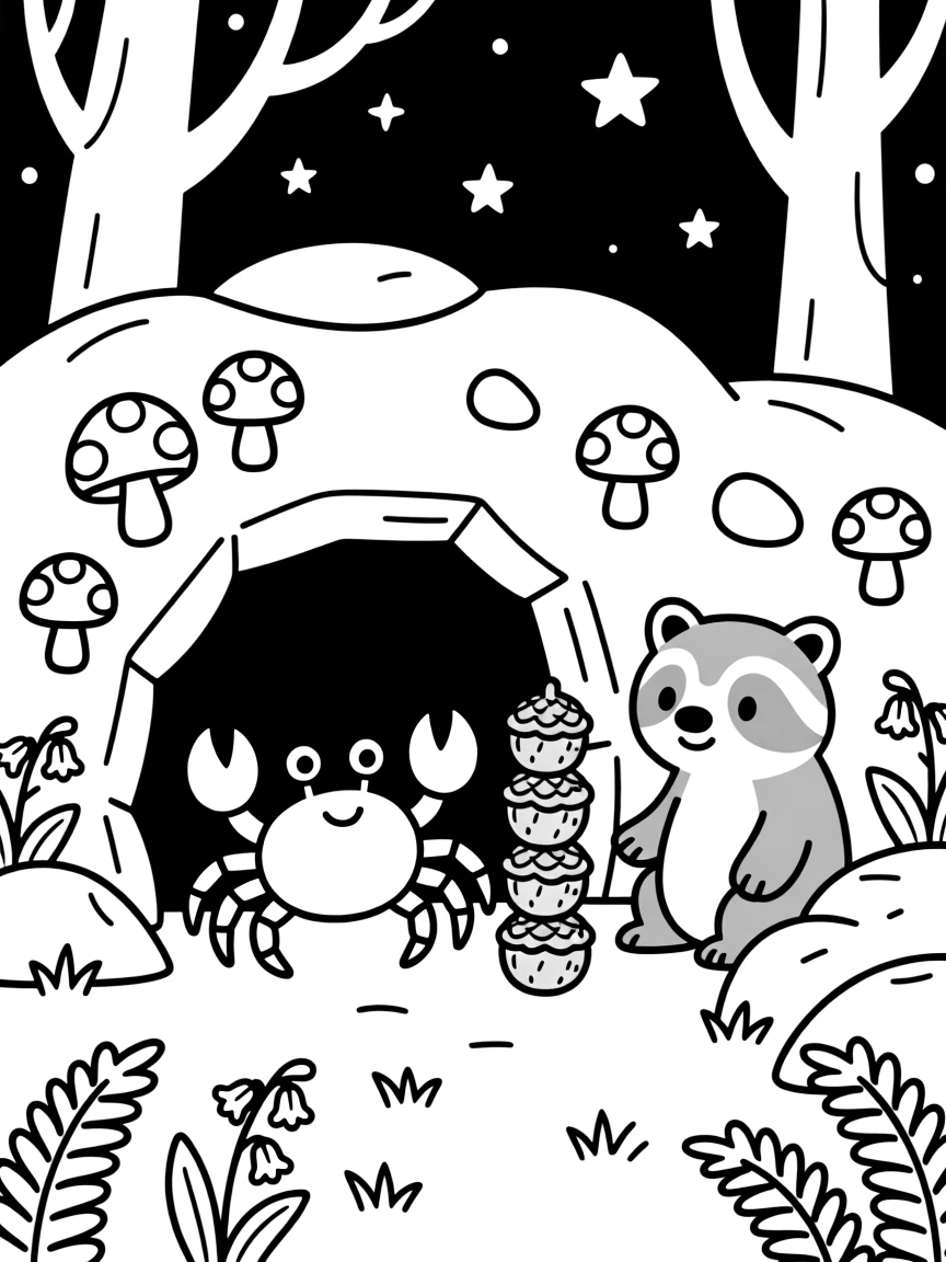 A crab in a cave glowing with mushrooms, stacking acorns into a tower with a badger, next to a bluebell woodland, as stars begin to twinkle above.