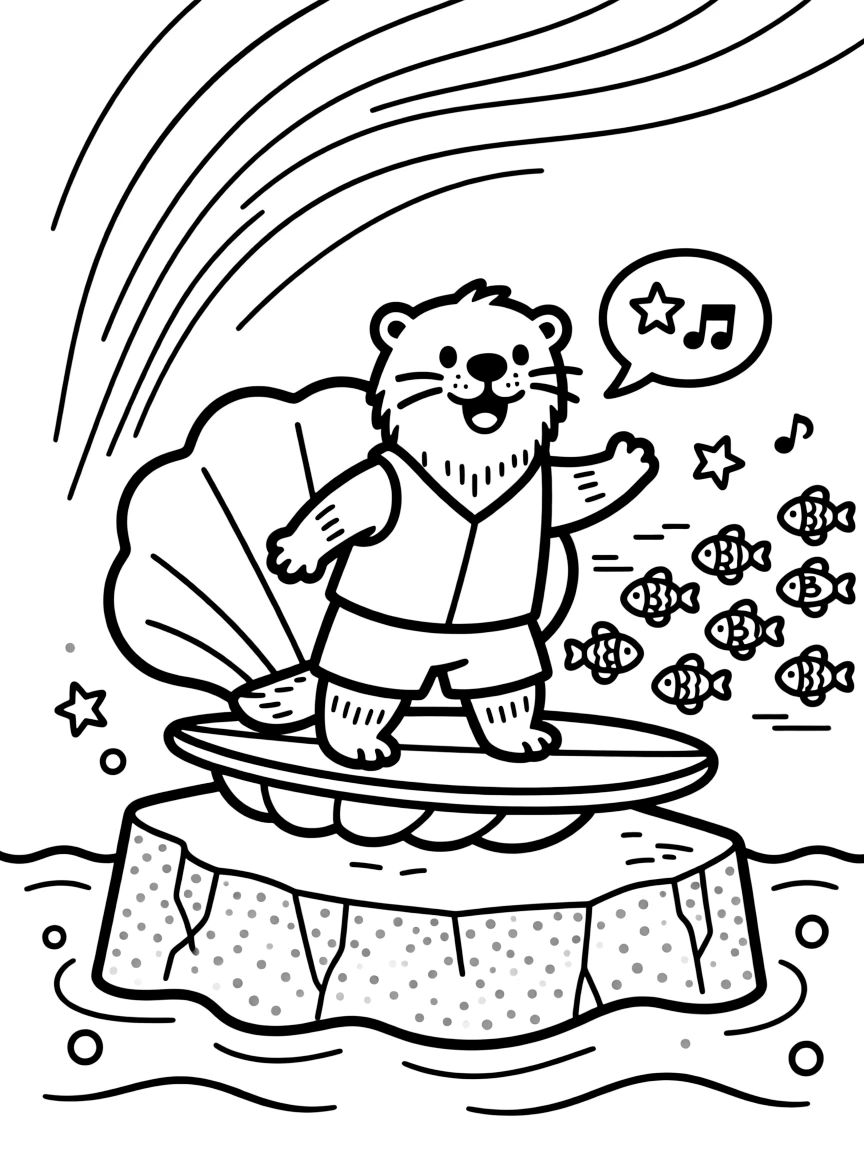 A jolly otter surfer takes a break from adventures to try riding a wave on a surfboard shaped like a shell on an iceberg glittering under the northern lights, with a school of rainbow fish swimming past close behind. Little cheers of excitement fill the air.