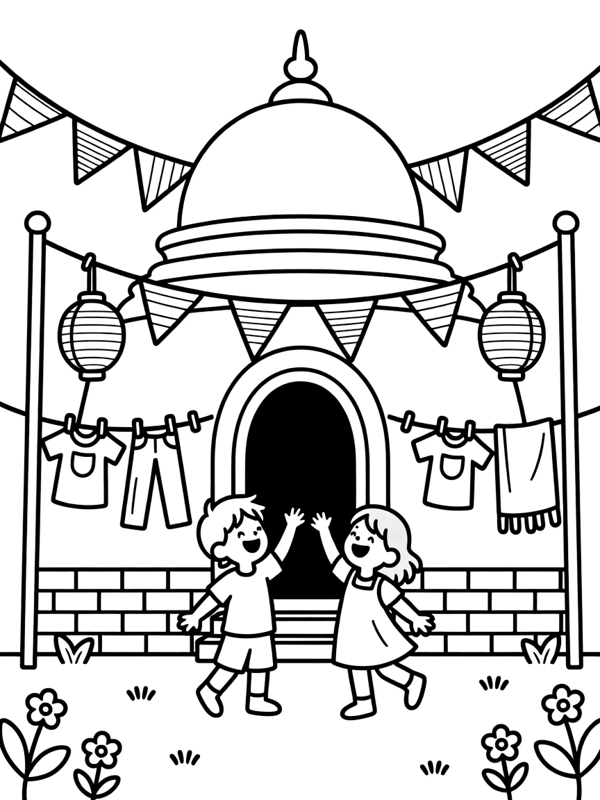 A coloring page featuring a whitewashed temple with a golden stupa dome and prayer flags in Sri Lanka, with children playing just outside the door and laundry or lanterns strung nearby.