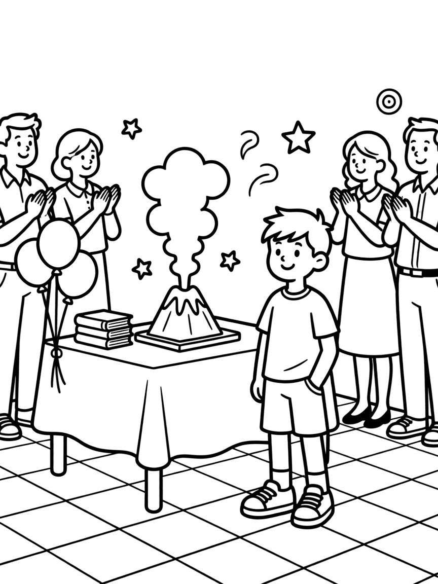 a proud young boy presents a science fair project to a crowd of proud parents.