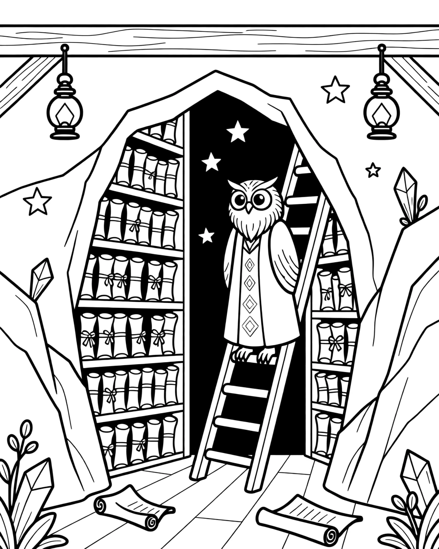 A hidden library inside a hollow mountain holds towering shelves of ancient scrolls, tended by a spectacled owl wizard on a rolling ladder.