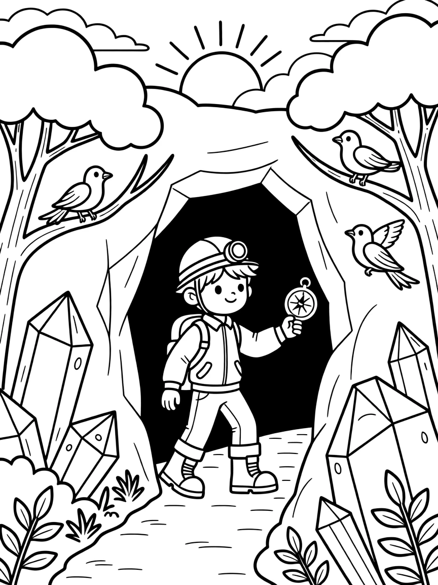 [Explorers] a cave explorer with a headlamp descending into a glowing crystal cave inside a glittering crystal cave, wide-eyed with wonder, while exotic birds call from nearby trees fills the surrounding area. A trusty compass points the way forward. Set at sunrise, with fluffy clouds drifting overhead, the page bursts with adventure and imagination.