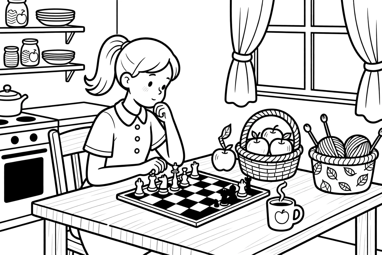 A girl chess player pondering her next move is picking ripe apples and filling a woven basket in a cozy kitchen filled with the smell of fresh bread. All around, a basket of yarn and knitting needles nearby and a curling wisp of steam from a warm mug make the scene feel magical.
