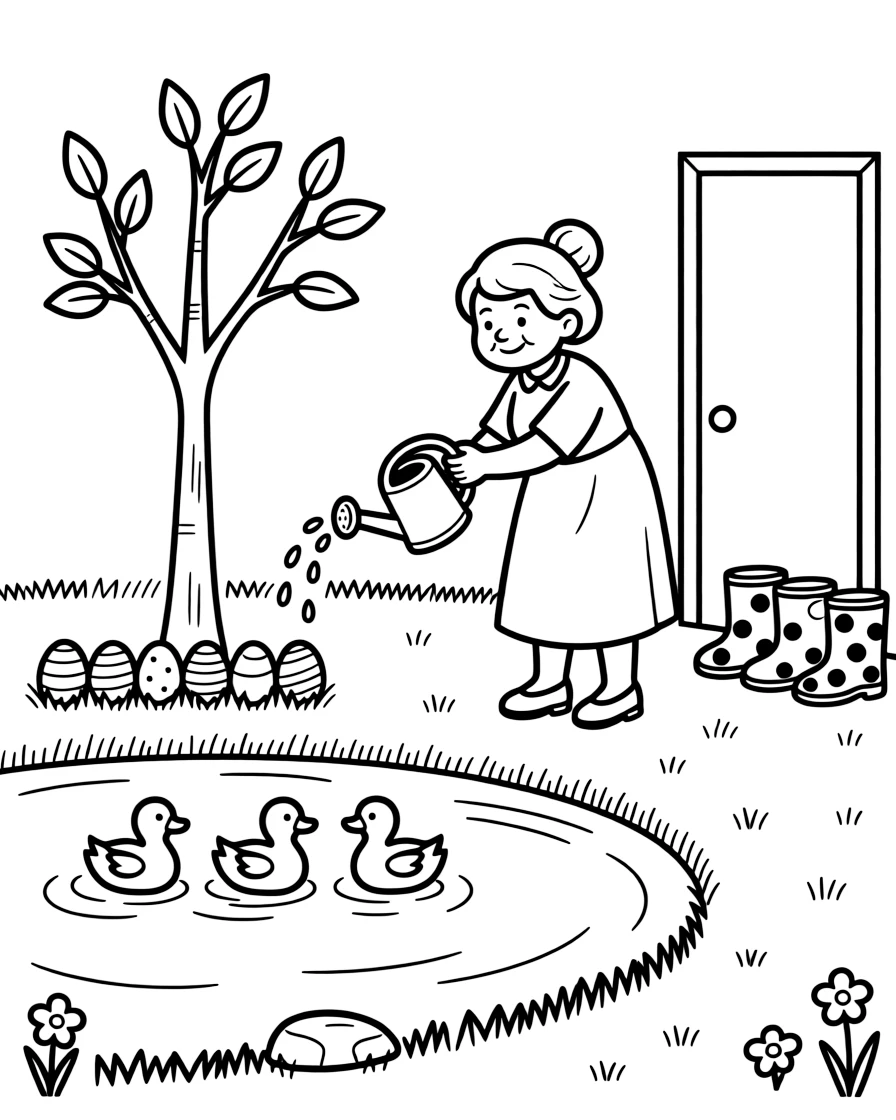 A young tree being watered by a watering can by a pond where ducklings paddle in a row, while a cheerful grandmother looks on nearby, a row of rain boots by the door and a row of pastel eggs in the grass completing the scene.