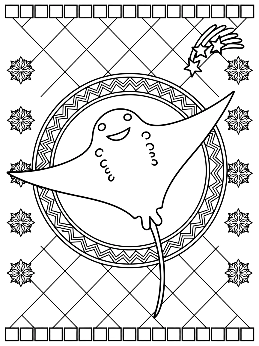 Ocean Creatures: The page presents a small themed scene built around a stingray gliding with its wide flat wings, tied together by an oval medallion mandala framed by a double border. The scene is placed in the center of a small symmetrical scene, with matching background details balanced evenly on both sides. Decorative details fill the surrounding space, including six-point snowflake shapes, rows of small square tiles, and a grid of lattice diamonds woven throughout the background. A playful extra touch completes the page: a small cluster of shooting stars tucked into one corner.