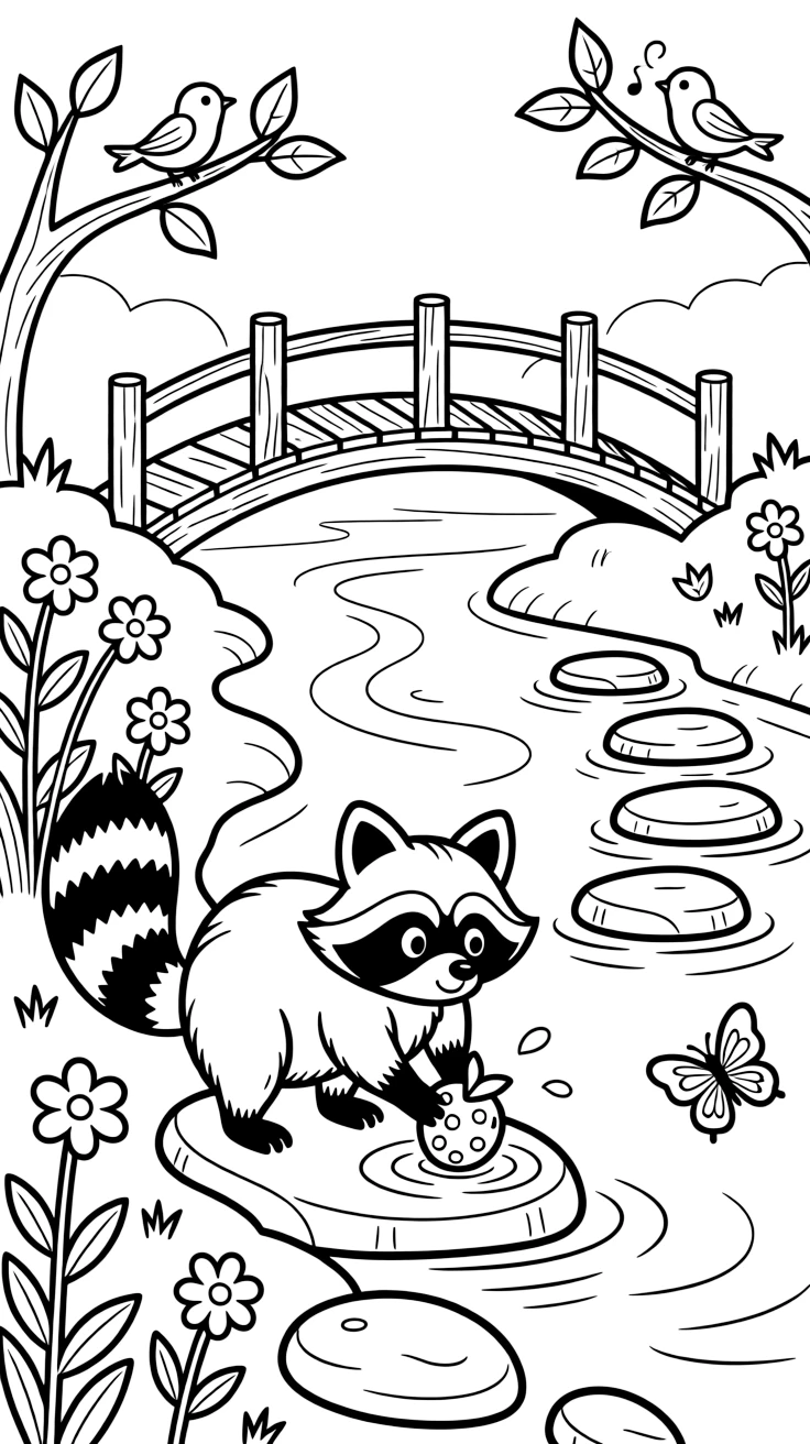 [River Adventures] A curious raccoon washes a shiny berry at the river's edge before scampering back to shore. Butterflies flutter along the bank where wildflowers grow between smooth river stones. A rustic wooden bridge arches over the river, with smooth stepping stones leading across a shallow bend. Soft morning mist rises off the river as the first birds begin to sing.
