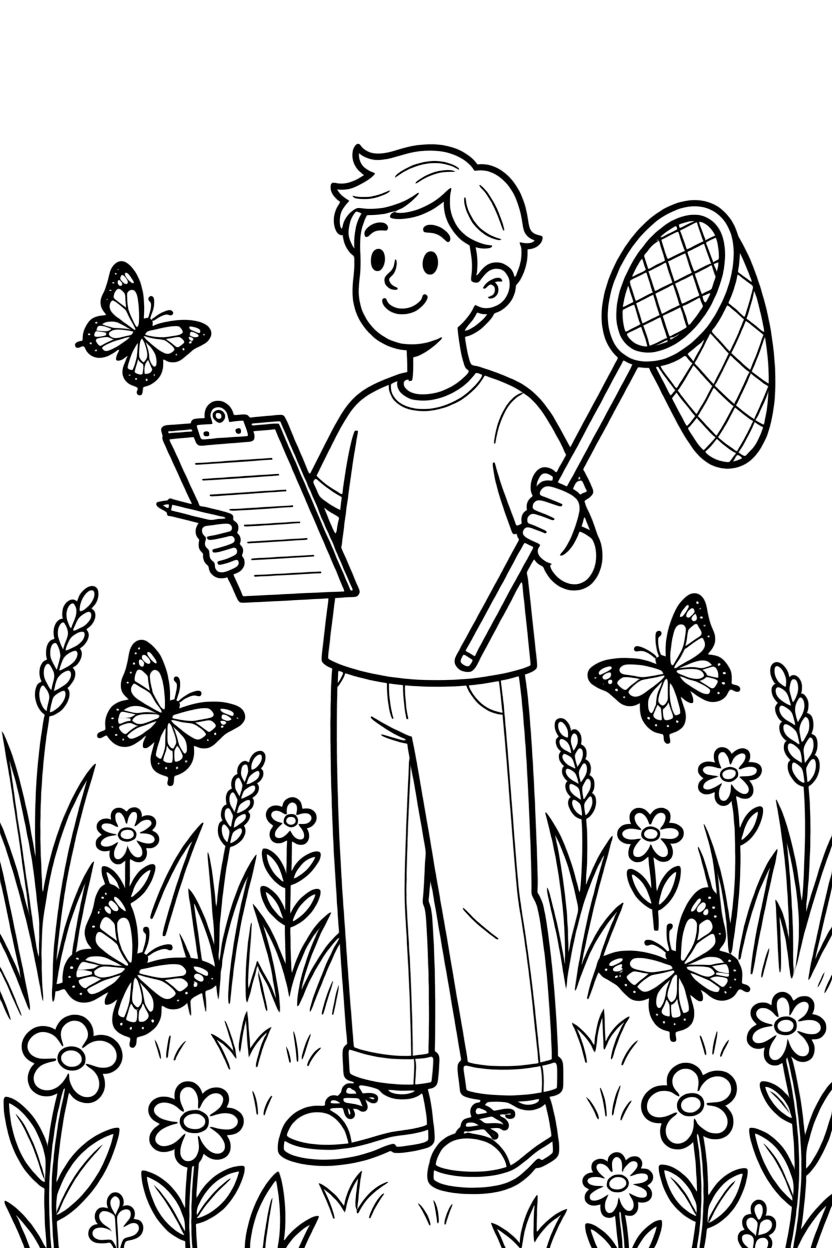 A citizen science volunteer counts butterflies in a meadow with a clipboard and net.