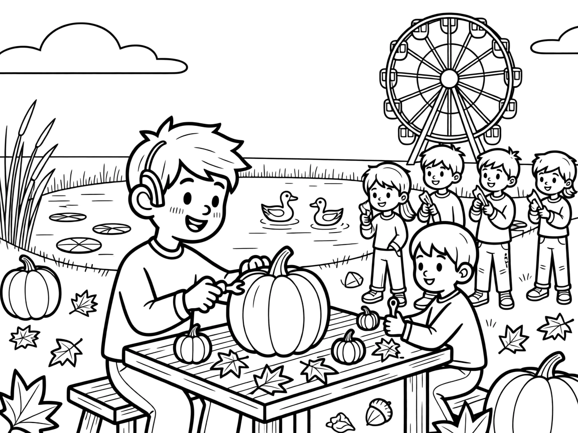 A boy with a hearing aid carving a pumpkin with a whole class of friends by a small pond while a ferris wheel spins in the distance.