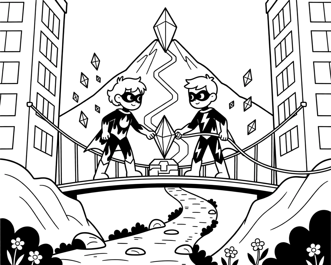 In a mountain trail winding up to a glowing crystal peak, twin superhero siblings Echo (fire-powered) and Ozzy (electric) fixing a broken light beam bridge between two skyscraper towers, while a cluster of floating crystals humming softly adds to the excitement.
