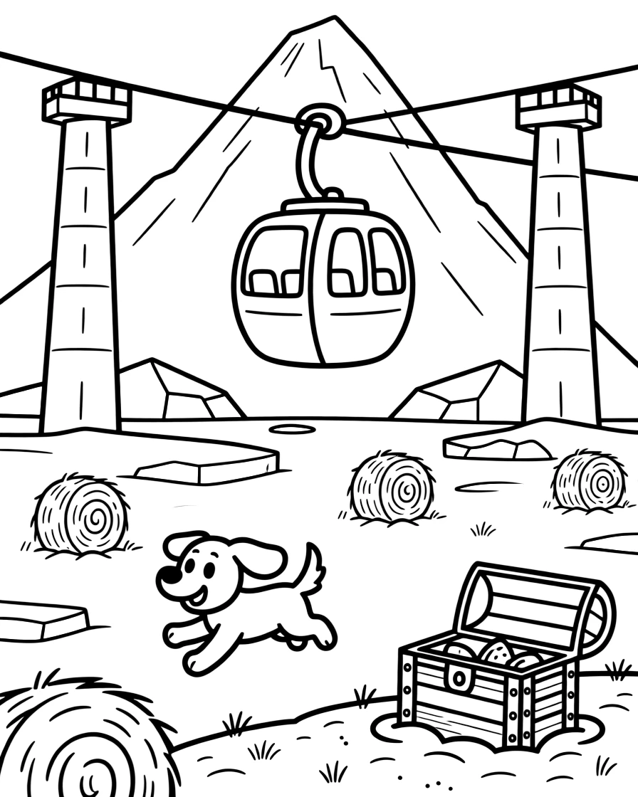 A coloring page featuring a mountain cable car gondola swinging between towers, traveling through an icy arctic field with drifting chunks of blue-white ice, with a friendly dog with its ears flapping in the wind and hay bales dotted across the nearby field and a treasure chest half-buried in the sand filling the scene.