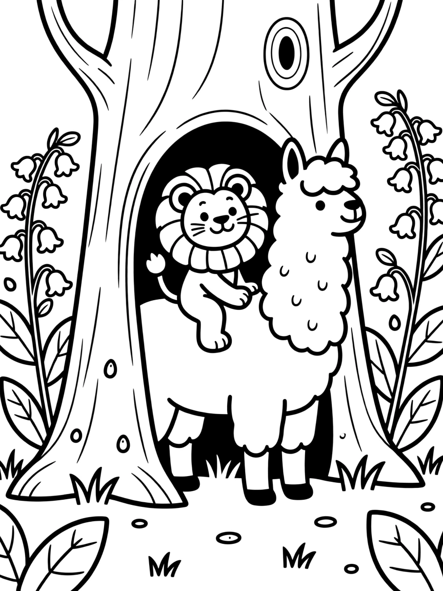 A lion cub inside a hollow tree trunk, riding on the back of a llama, next to a bluebell woodland, as dewdrops sparkle on the leaves.