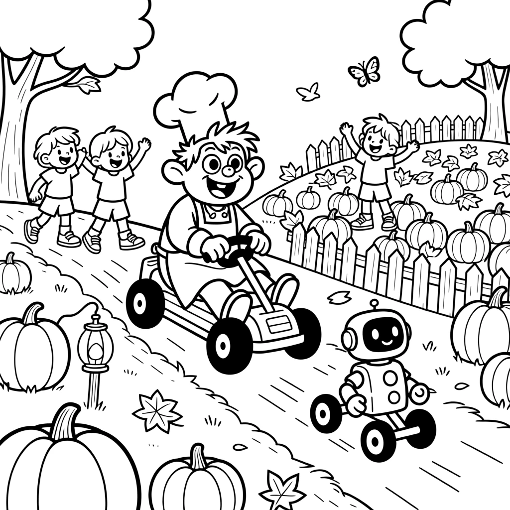 Wide-eyed and full of excitement, an ogre chef spends the day racing go-karts down a bumpy hill in a pumpkin patch glowing with lanterns. Nearby, a tiny robot rolling along on training wheels adds to the fun. The whole neighborhood has come out to join the fun.