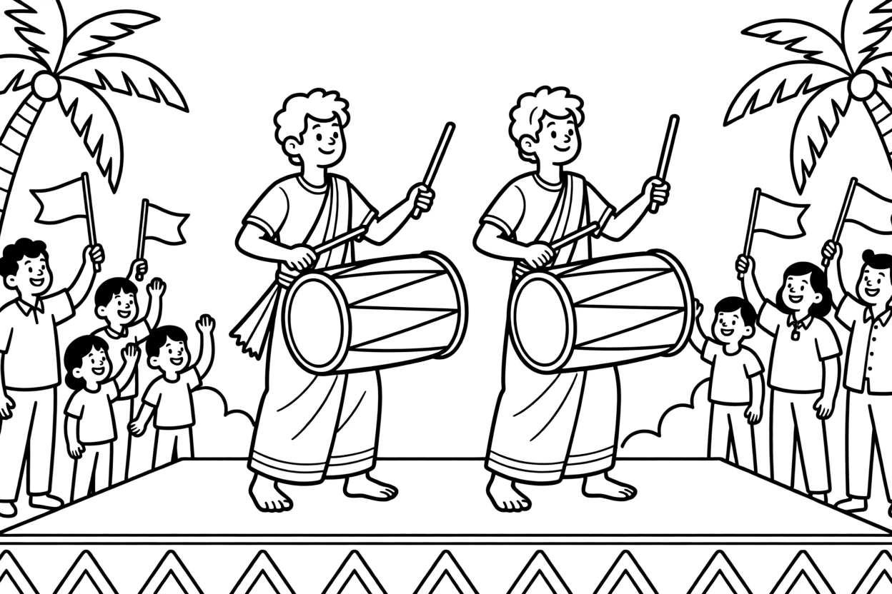 A coloring page capturing drummers playing traditional geta bera drums during a temple procession from Sri Lanka, set on an outdoor stage with cheerful onlookers waving and swaying along.