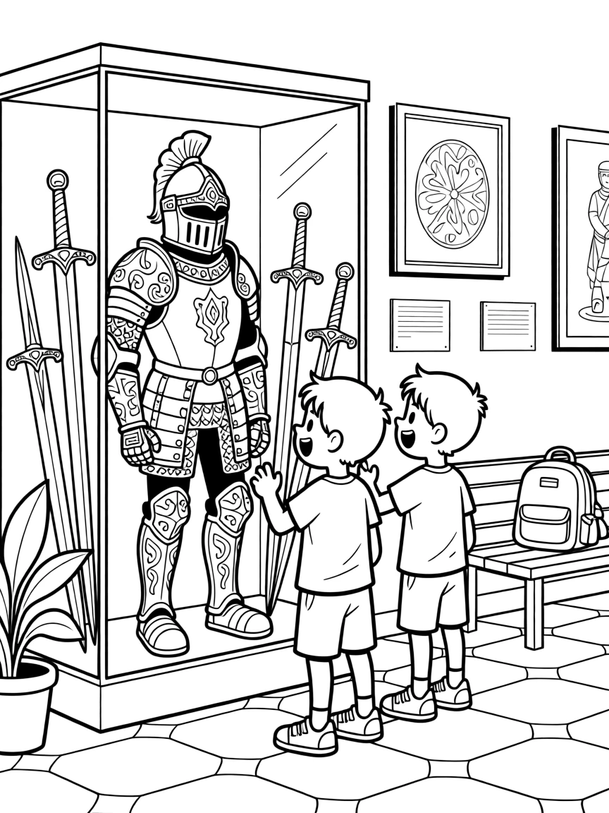mischievous twin brothers view ancient armor and swords in a glass case at a history museum.