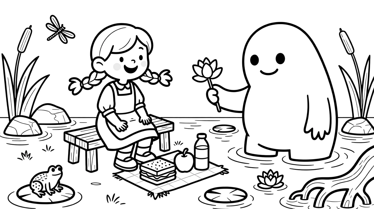 A brave village girl shares her lunch with a lonely swamp monster, who shyly offers her a glowing lily in return.