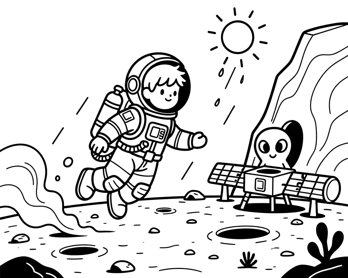 [Astronauts] a young astronaut explorer floating weightlessly near a space station on a red dusty planet. In the background, a small alien creature peeks from behind a rock, adding extra fun to explore. A backpack of oxygen tanks rests on the suit. It all happens at high noon, with a light drizzle just ending.