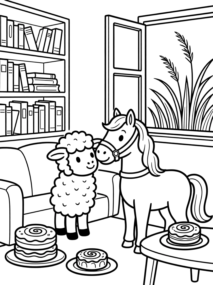 A woolly little lamb is petting a friendly pony's soft nose in a quiet library reading nook. Close by, a stack of freshly baked pastries and a gentle breeze rippling through tall grass make the scene feel magical.