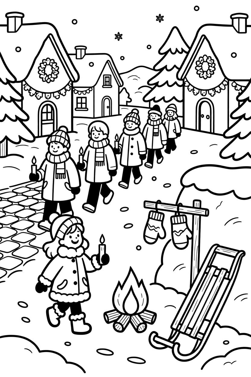 A candlelit procession walking through a decorated street on a snow-covered village square, alongside a joyful little girl and a pair of mittens drying by the fire, with a sled leaning against a snowbank close by.