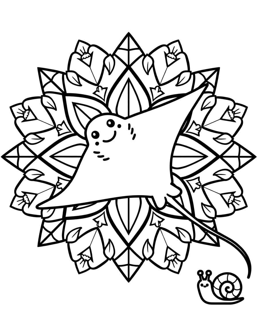 Ocean Creatures: The design turns a stingray gliding with its wide flat wings into a kaleidoscope-style composition anchored by a wheel-spoke mandala radiating from a round hub. The imagery is split into four mirrored quadrants that meet at the center, each quadrant a rotated echo of the next. Decorative details fill the surrounding space, including clusters of tiny acorns, rows of teardrop-shaped petals, and angular crystal facets woven throughout the background. A playful extra touch completes the page: a little snail resting quietly on one of the larger shapes.
