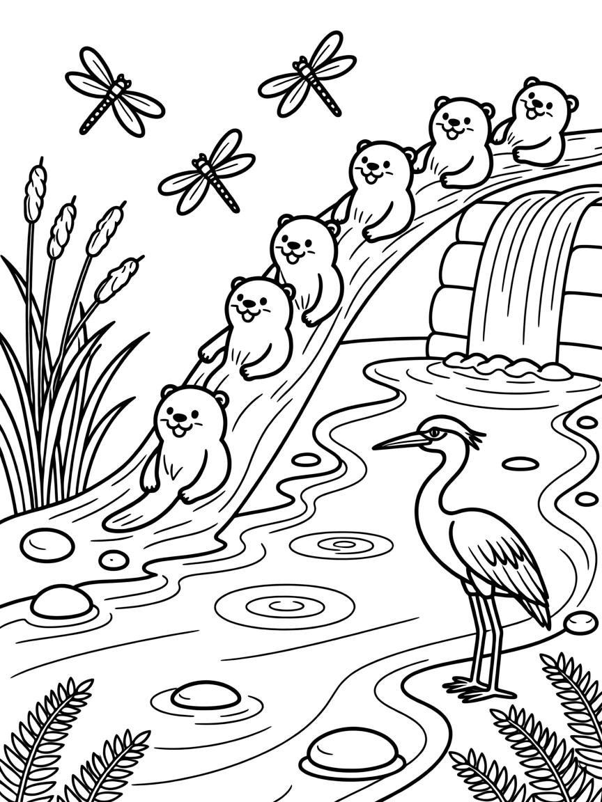 [River Adventures] A group of otters slide playfully down a muddy riverbank into the sparkling water below. Dragonflies hover above the water while a heron wades slowly near the reeds, hunting for fish. The river winds past a small waterfall tumbling into a clear pool ringed with ferns. Golden afternoon light glows on the water as dragonflies dance above the surface.