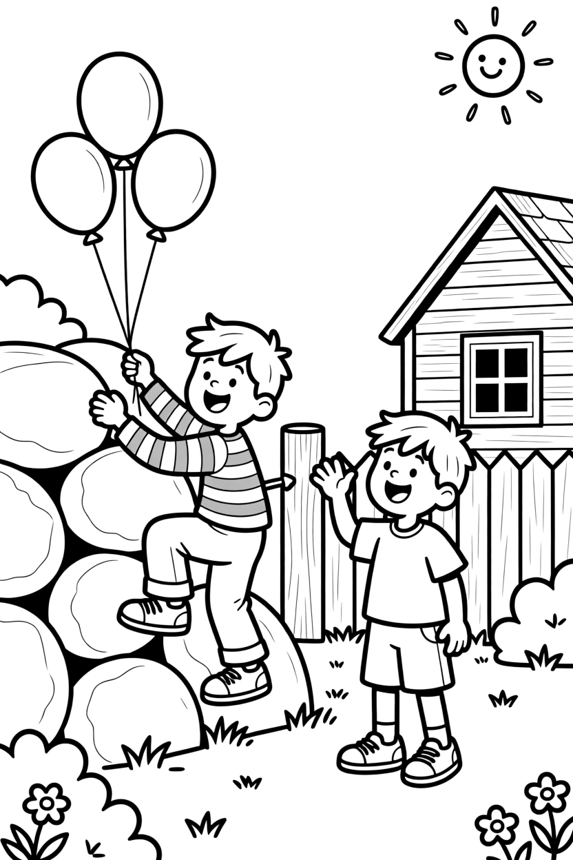 A boy in a striped shirt climbing a small rock wall with a cousin the same age at grandparents' farmhouse with balloons tied to a fence post.