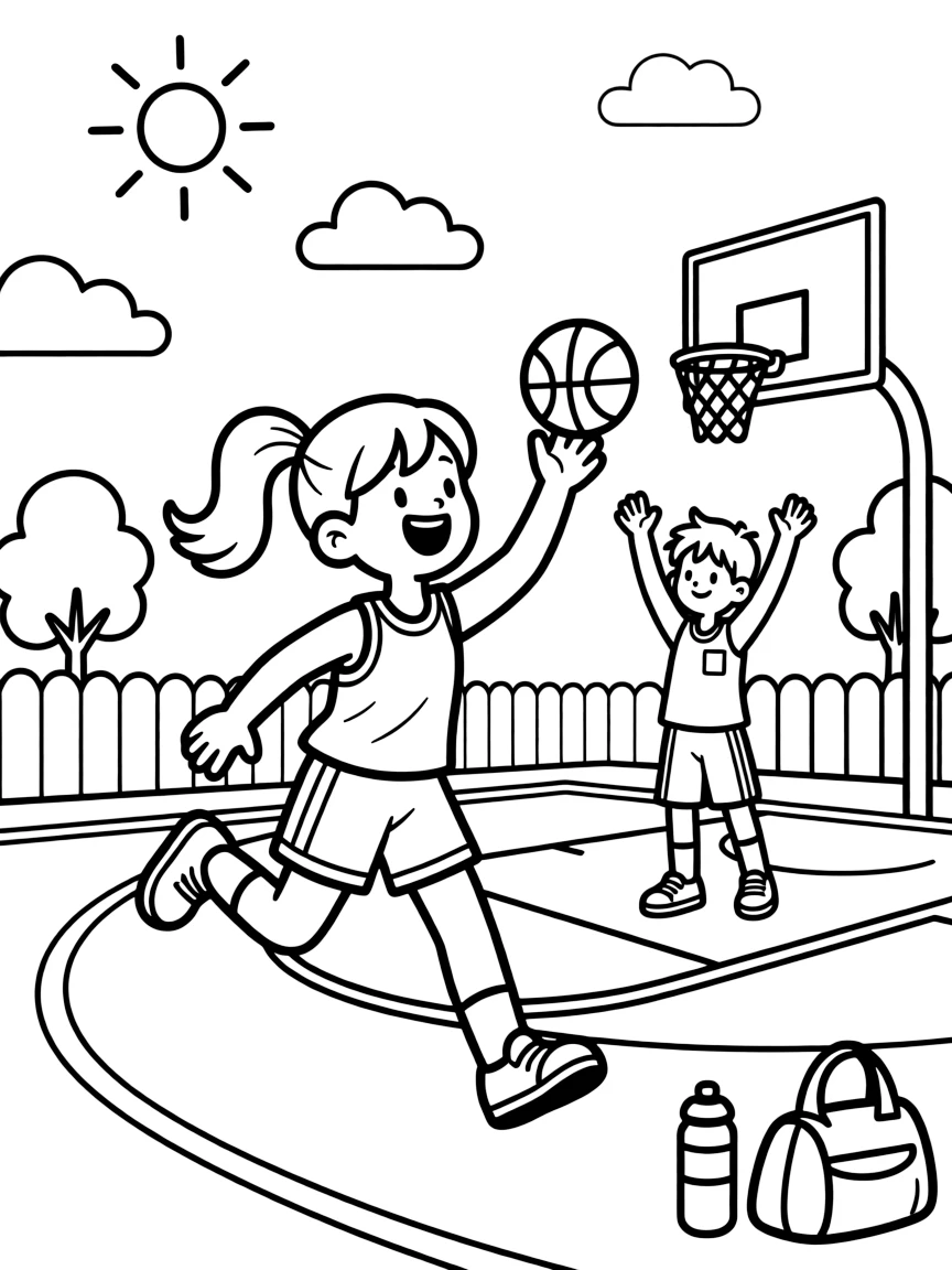 An energetic girl with a big smile, pivoting on one foot to fake out a defender before shooting toward the corner.